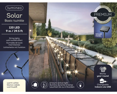Guirlande lumineuse Lumineo Solar Basic Twinkle avec 120 LED et une longueur de 9 mètres pour la décoration extérieure