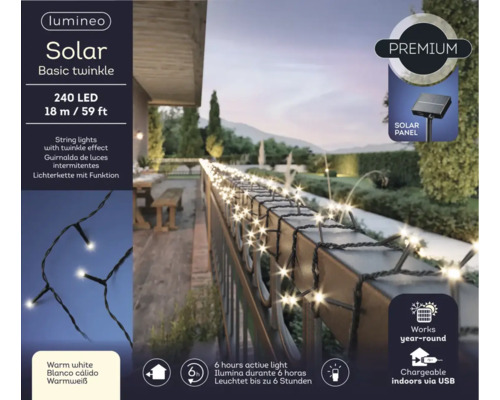 Guirlande lumineuse avec panneau solaire, 240 LEDs, 18 mètres de long, avec effet scintillant