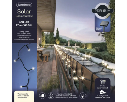 Guirlande lumineuse solaire avec 360 LED et 27 mètres de long sur une terrasse
