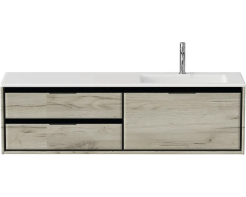 Meuble sous-vasque avec deux tiroirs, une vasque et un robinet.