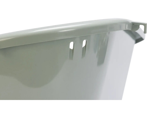 Detailansicht einer grauen Wäschebox aus Kunststoff mit Griffmulden