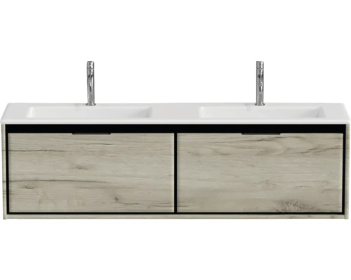 Meuble sous-lavabo avec deux lavabos et aspect bois