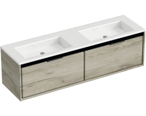 Meuble sous-lavabo avec deux vasques et deux tiroirs au design bois