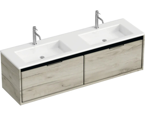 Waschtischunterschrank mit zwei Waschbecken und zwei Schubladen im Holzdesign