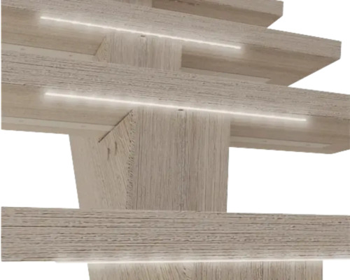 Vue détaillée d''une construction en bois avec éclairage intégré