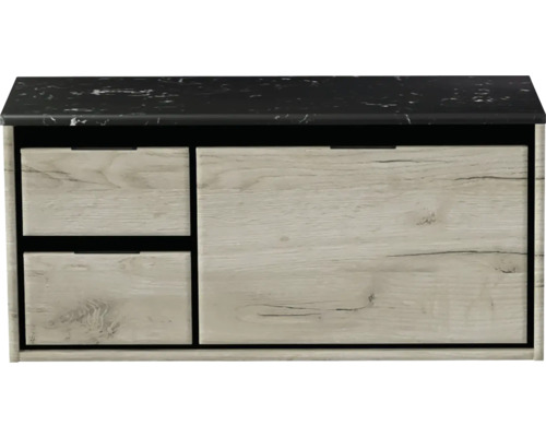 Waschtischunterschrank Sanox Loft BxHxT 101 x 47 cm x 46 cm Frontfarbe craft oak mit Waschtischplatte Kunststein schwarz