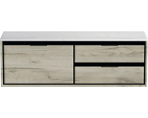 Waschtischunterschrank Sanox Loft BxHxT 141 x 47 cm x 46 cm Frontfarbe craft oak mit Waschtischplatte Kunststein weiss 2 Auszüge rechts