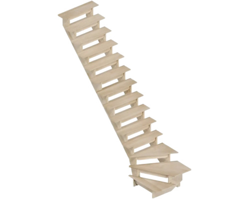 Escalier à limons Pertura Linos bois de hêtre lamellé-collé sans contremarches non traité 1/4 tournant en bas à gauche 85 cm 15 marches/16 pas de marche sans garde-corp