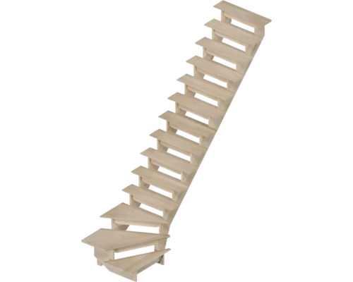 Escalier à limons Pertura Linos bois de hêtre lamellé-collé sans contremarches non traité 1/4 tournant en bas à droite 85 cm 15 marches/16 pas de marche sans garde-corp