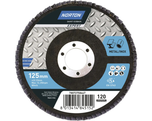 Meule à lamelles Norton, grain 120, diamètre 125 millimètres, convient pour le métal et l''acier inoxydable