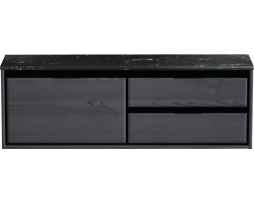 Meuble sous-vasque Sanox Loft lxhxp 141 x 47 cm x 46 cm couleur de façade black oak avec plan de lavabo en pierre synthétique noir 2 tiroirs à droite