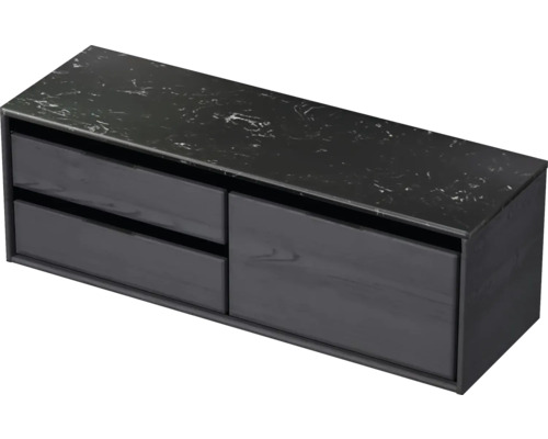 Meuble sous-vasque Sanox Loft lxhxp 141 x 47 cm x 46 cm couleur de façade black oak avec plan de lavabo en pierre synthétique noir 2 tiroirs à gauche