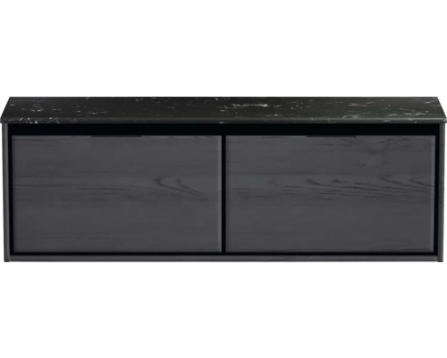 Meuble sous-vasque Sanox Loft lxhxp 141 x 47 cm x 46 cm couleur de façade black oak avec plan de lavabo en pierre synthétique noir