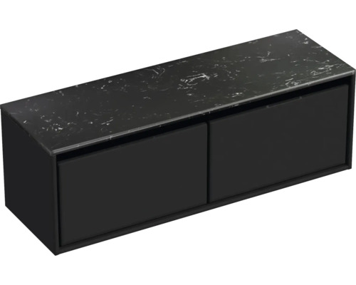 Meuble sous-lavabo noir avec deux tiroirs et plateau en marbre