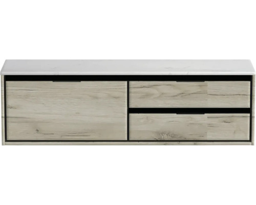 Waschtischunterschrank Sanox Loft BxHxT 161 x 47 cm x 46 cm Frontfarbe craft oak mit Waschtischplatte Kunststein weiss 2 Auszüge rechts