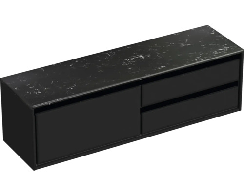 Waschtischunterschrank mit zwei Schubladen und einer Platte in Marmoroptik.