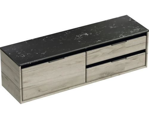 Meuble sous-lavabo avec deux tiroirs et dessus de lavabo foncé