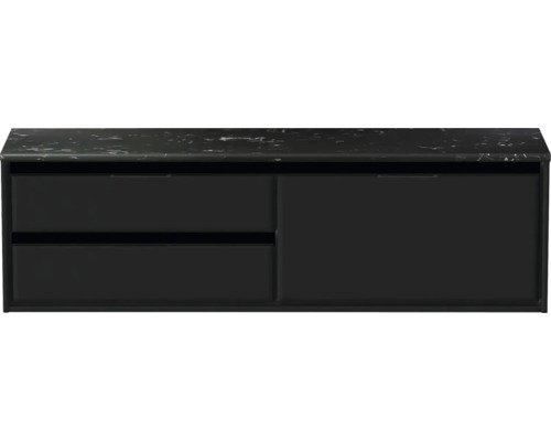 Meuble sous-lavabo noir avec deux tiroirs et deux portes sous un plateau en marbre