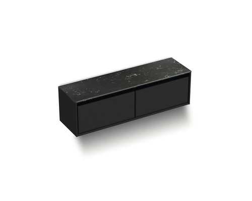 Meuble bas suspendu noir avec deux tiroirs et plateau en marbre