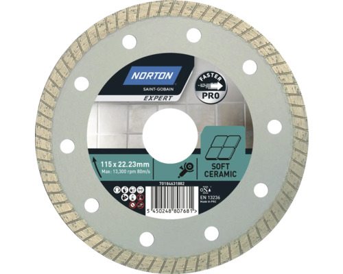 Norton Disque diamant Expert Pro Soft Ceramic Ø 115 mm x 22, 23 mm Disque à tronçonner diamant Norton Expert, 115x22,23 millimètres, pour céramique tendre