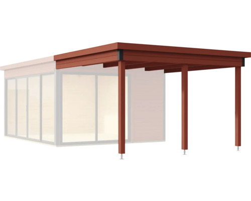 Rallonge de toit Outdoor Life Domeo 3 et 4 300 x 321,9 cm rouge de Falun Abri de voiture en bois avec trois poteaux sur le mur de la maison