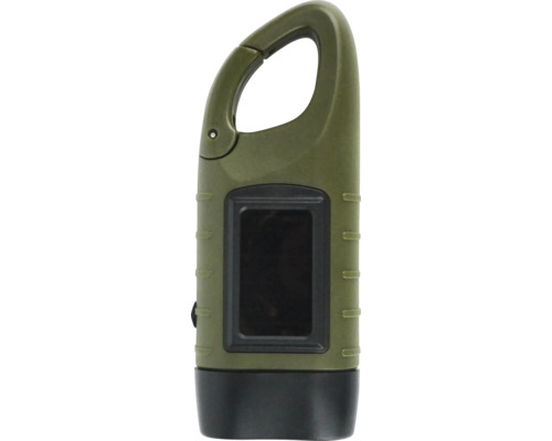 Lampe de poche à manivelle verte avec mousqueton