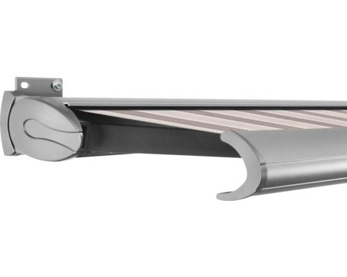 SOLUNA Kassettenmarkise Exclusiv 3x2 Stoff Dessin 8935 Gestell E6EV1 silber eloxiert Antrieb links inkl. Motor und Wandschalter Detailansicht einer Markise für den Aussenbereich.