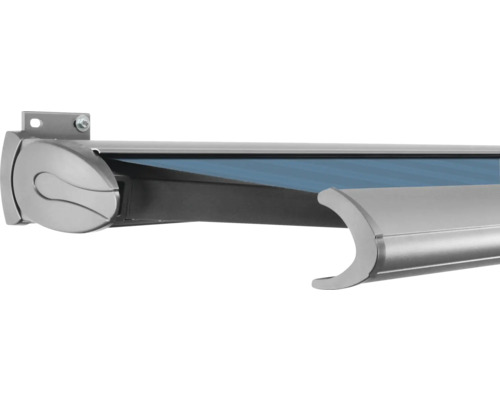 SOLUNA Kassettenmarkise Exclusiv 2,5x2 Stoff Dessin 320916 Gestell E6EV1 silber eloxiert Antrieb links inkl. Motor und Wandschalter Detailansicht einer Markise zur Beschattung