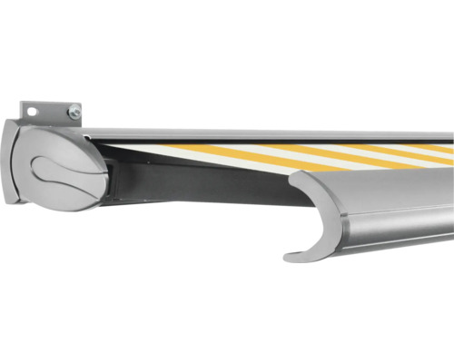 SOLUNA Kassettenmarkise Exclusiv 3x1,5 Stoff Dessin S2015 Gestell E6EV1 silber eloxiert Antrieb links inkl. Motor und Wandschalter Detailansicht einer Markise mit Streifenmuster