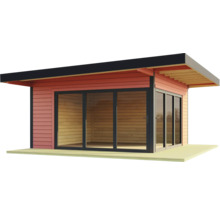 Modernes Gartenhaus mit Schiebetür und Holzverkleidung
