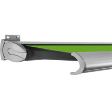 Detailansicht einer Markise mit grüner Bespannung.