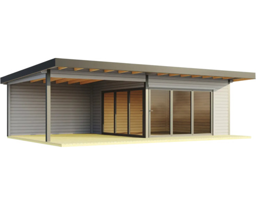 Abri de jardin moderne avec portes coulissantes et véranda couverte.