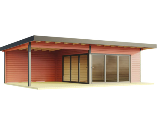 Illustration d''une maison de jardin avec des portes coulissantes et une véranda couverte.