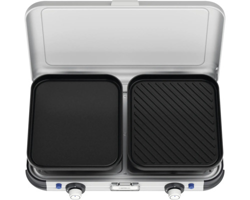 Barbecue à gaz portable avec deux surfaces de cuisson, une lisse, une rainurée