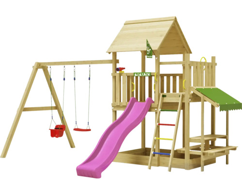 Balançoire double Tour de jeux avec échasses Jungle Gym 476 x 306 cm bois fuchsia