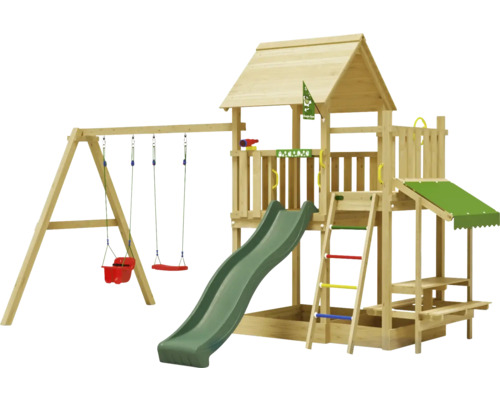 Balançoire double Tour de jeux avec échasses Jungle Gym 476 x 306 cm bois vert foncé