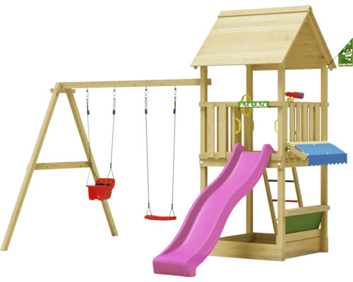 Balançoire double Tour de jeux avec échasses Jungle Gym 383 x 347 cm bois fuchsia