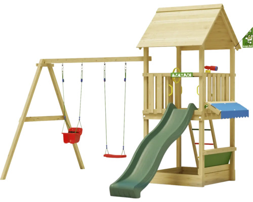 Balançoire double Tour de jeux avec échasses Jungle Gym 383 x 347 cm bois vert foncé