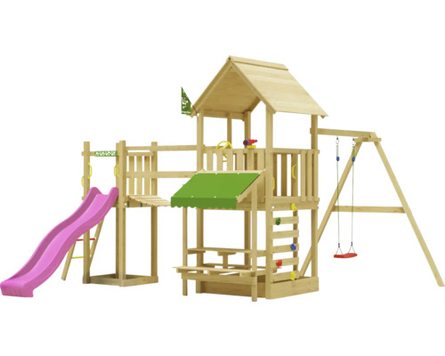 Balançoire simple Tour de jeux avec échasses Jungle Gym 434 x 479 cm bois fuchsia