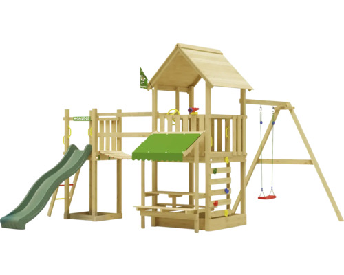 Balançoire simple Tour de jeux avec échasses Jungle Gym 434 x 479 cm bois vert foncé