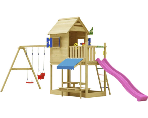 Doppelschaukel Spielhaus mit Stelzen Jungle Gym 678 x 265 cm Holz fuchsia