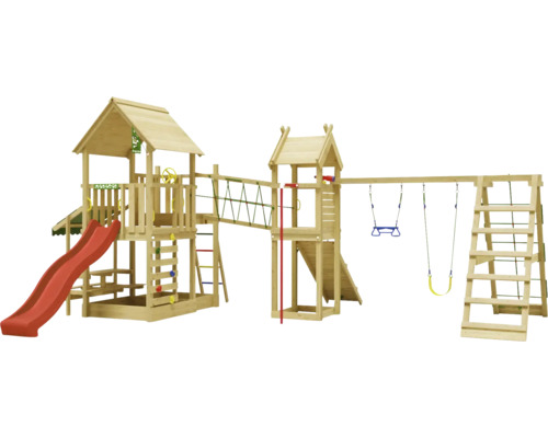 Doppelschaukel Spielhaus mit Stelzen Jungle Gym 652 x 464 cm Holz rot