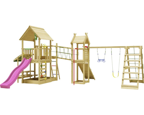 Balançoire double Tour de jeux avec échasses Jungle Gym 652 x 464 cm bois fuchsia