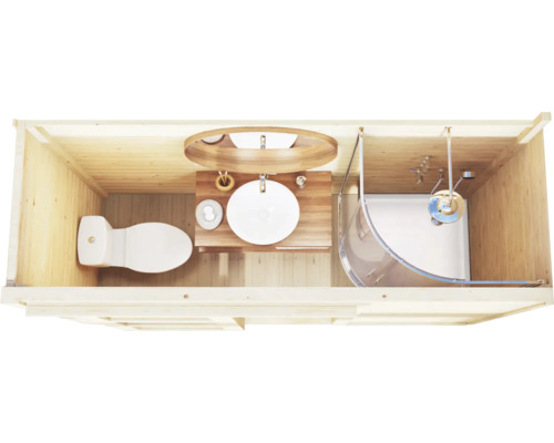 Salle de bains avec toilettes, lavabo et douche dans une maison en bois clair, vue de dessus