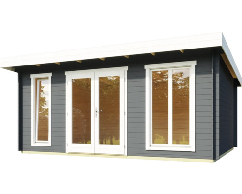 Abri de jardin gris avec fenêtres et double porte