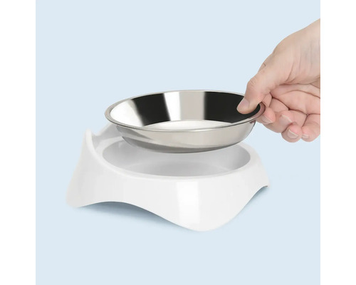 Gamelle avec insert en acier inoxydable dans un support blanc