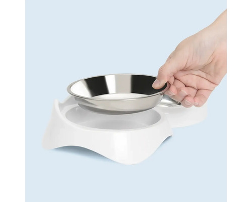 Gamelle double pour animaux de compagnie avec gamelles en acier inoxydable et cadre en plastique blanc