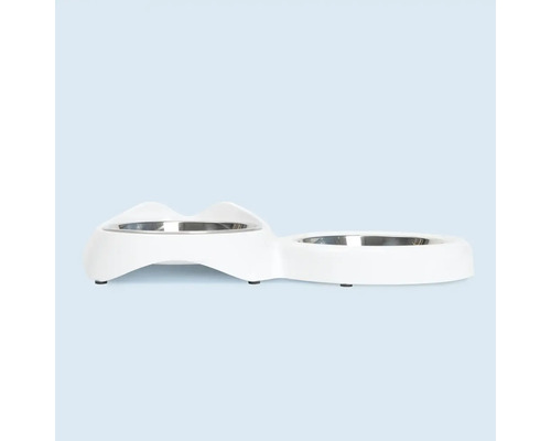 Gamelle double pour animaux de compagnie avec bols en acier inoxydable et base en plastique blanc