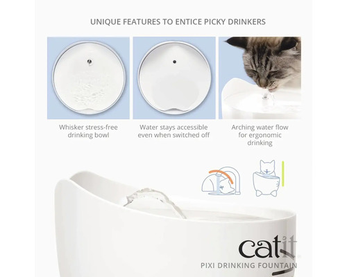 Fontaine à eau Catit Pixi avec des caractéristiques pour les buveurs difficiles, comprenant un bol à boire anti-stress