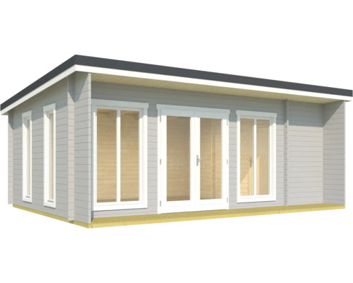 Abri de jardin gris avec fenêtres et double porte